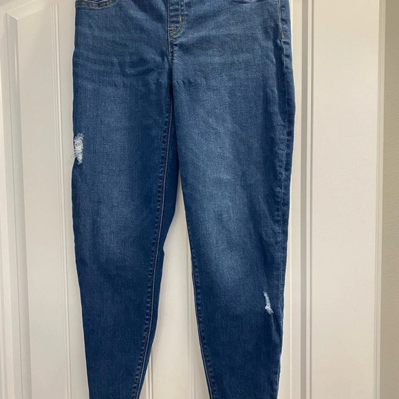 SPANX Distressed Crop Capri Skinny Denim Legging Med Dark Wash Raw Hem Size MP - Picture 3 of 7